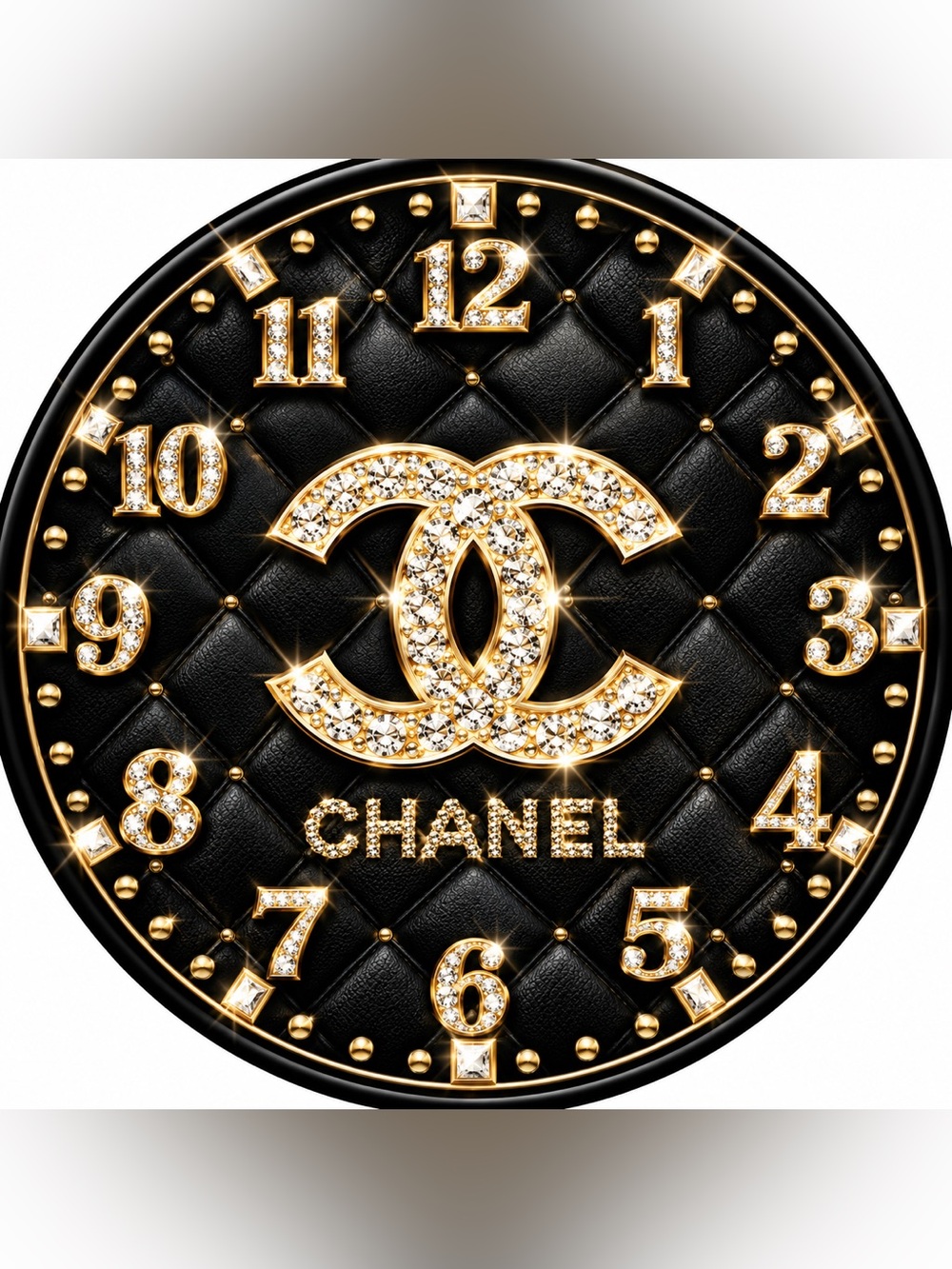 CHANEL Black and Gold Quilted Crystal-Embellished 9” Wall Clock.